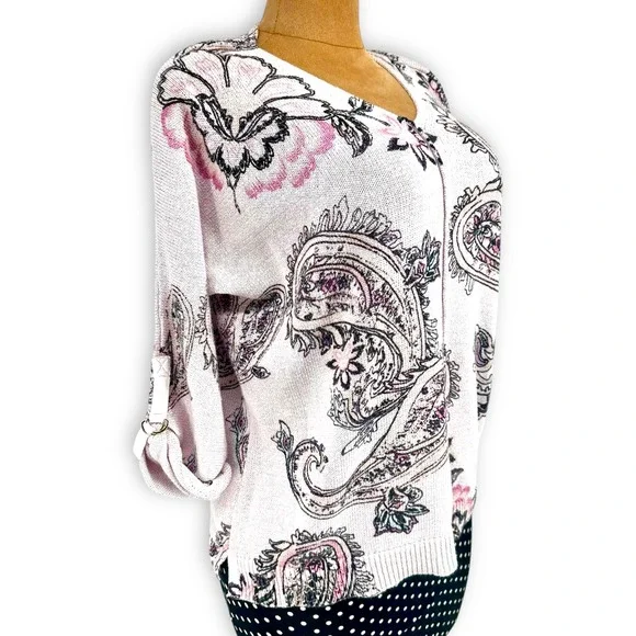 Chico's Blush Pink Paisley Sweater Sz 3 (XL) 3/4 Roll Tab Sleeve Romantic Cotton - Picture 9 of 12
